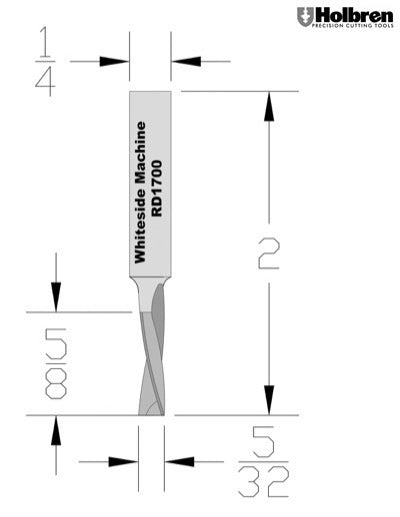 Whiteside RD1700 Standard Downcut Spiral Router Bit Solid Carbide 5/32" Cutting Diameter 5/8" Cut Length 1/4" Shank 2 Flute