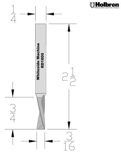 Whiteside RD1800 Standard Downcut Spiral Router Bit Solid Carbide 3/16" Cutting Diameter 3/4" Cut Length 1/4" Shank 2 Flute
