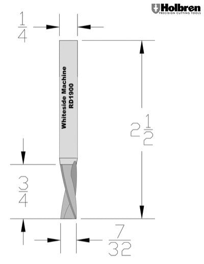 Whiteside RD1900 Standard Downcut Spiral Router Bit Solid Carbide 7/32" Cutting Diameter 3/4" Cut Length 1/4" Shank 2 Flute