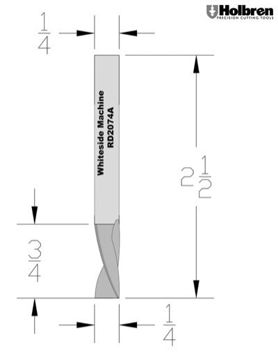 Whiteside RD2074A Single O-Flute Downcut Spiral Router Bit 1/4" Cutting Diameter 3/4" Cut Length 1/4" Shank