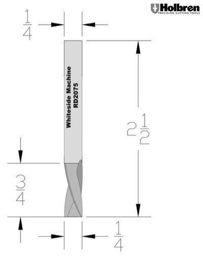 Whiteside RD2075 Standard Downcut Spiral Router Bit Solid Carbide 1/4" Cutting Diameter 3/4" Cut Length 1/4" Shank 2 Flute