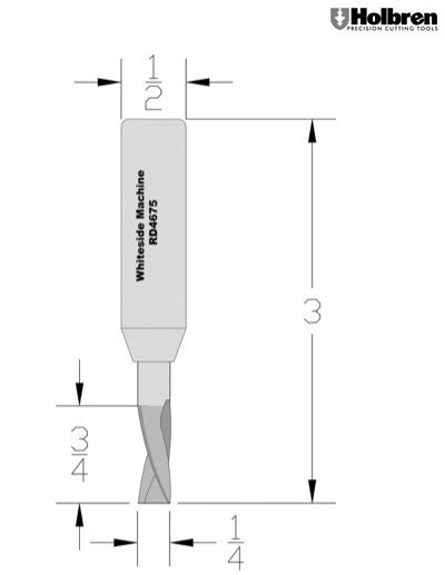 Whiteside RD4675 Standard Downcut Spiral Router Bit Solid Carbide 1/4" Cutting Diameter 3/4" Cut Length 1/2" Shank 2 Flute