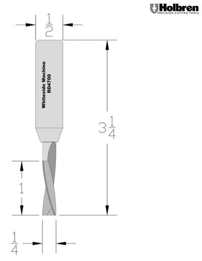 Whiteside RD4700 Standard Downcut Spiral Router Bit Solid Carbide 1/4" Cutting Diameter 1" Cut Length 1/2" Shank 2 Flute