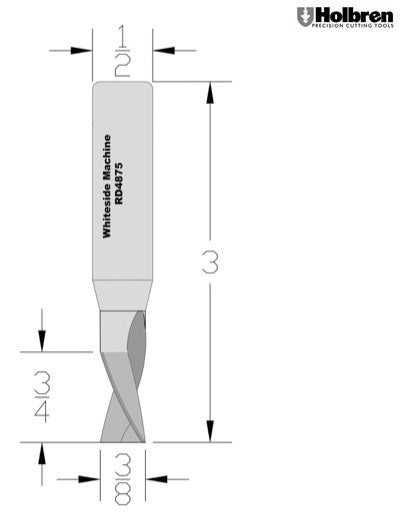 Whiteside RD4875 Standard Downcut Spiral Router Bit Solid Carbide 3/8" Cutting Diameter 3/4" Cut Length 1/2" Shank 2 Flute
