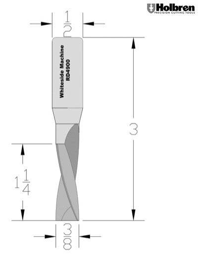 Whiteside RD4900 Standard Downcut Spiral Router Bit Solid Carbide 3/8" Cutting Diameter 1-1/4" Cut Length 1/2" Shank 2 Flute