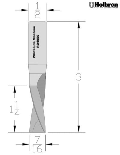 Whiteside RD4950 Standard Downcut Spiral Router Bit Solid Carbide 7/16" Cutting Diameter 1-1/4" Cut Length 1/2" Shank 2 Flute
