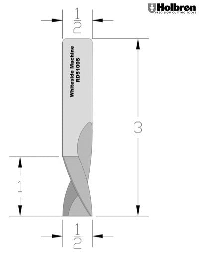 Whiteside RD5100S Slow Downcut Spiral Router Bit Solid Carbide 1/2" Cutting Diameter 1" Cut Length 1/2" Shank 3 Flute