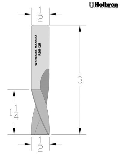 Whiteside RD5125 Standard Downcut Spiral Router Bit Solid Carbide 1/2" Cutting Diameter 1-1/4" Cut Length 1/2" Shank 2 Flute
