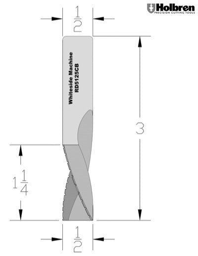 Whiteside RD5125CB Chipbreaker Downcut Spiral Router Bit Solid Carbide 1/2" Cutting Diameter 1-1/4" Cut Length 1/2" Shank 2 Flute