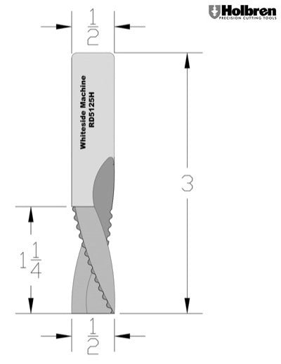 Whiteside RD5125H Roughing Downcut Spiral Router Bit Solid Carbide 1/2" Cutting Diameter 1-1/4" "Cut Length 1/2" Shank 3 Flute