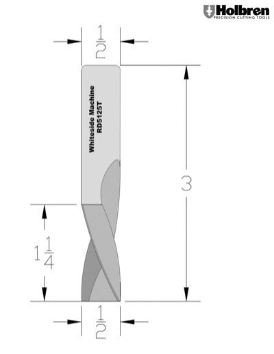 Whiteside RD5125T Triple Flute Downcut Spiral Router Bit Solid Carbide 1/2" Cutting Diameter 1-1/4" Cut Length 1/2" Shank 3 Flute