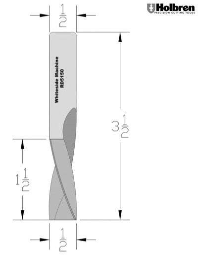 Whiteside RD5150 Standard Downcut Spiral Router Bit Solid Carbide 1/2" Cutting Diameter 1-1/2" Cut Length 1/2" Shank 2 Flute