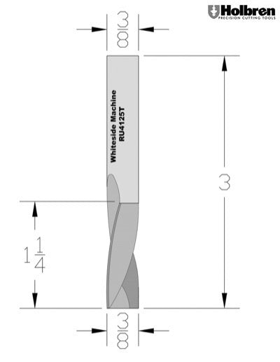 Whiteside RU4125T Three Flute Upcut Spiral Router Bit Solid Carbide 3/8" Cutting Diameter 1 1/4" Cut Length 3/8" Shank 3 Flute