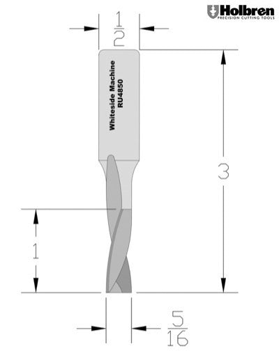 Whiteside RU4850 Standard Upcut Spiral Router Bit Solid Carbide 5/16" Cutting Diameter 1" Cut Length 1/2" Shank 2 Flute