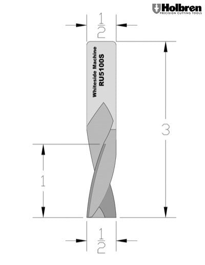 Whiteside RU5100S Slow Upcut Spiral Router Bit Solid Carbide 1/2" Cutting Diameter 1" Cut Length 1/2" Shank 3 Flute