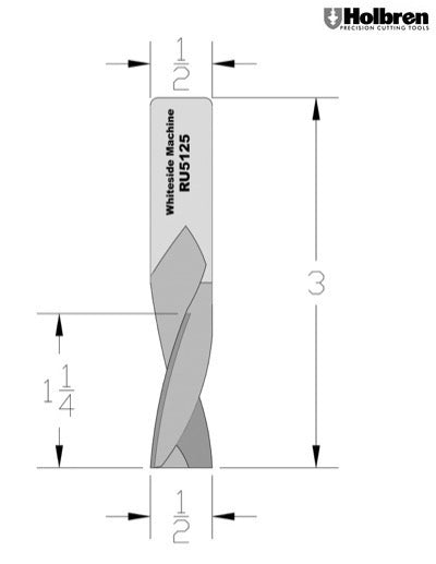 Whiteside RU5125 Standard Upcut Spiral Router Bit Solid Carbide 1/2" Cutting Diameter 1-1/4" Cut Length 1/2" Shank 2 Flute