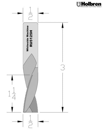Whiteside RU5125H Roughing Upcut Spiral Router Bit Solid Carbide 1/2" Cutting Diameter 1-1/4" "Cut Length 1/2" Shank 3 Flute