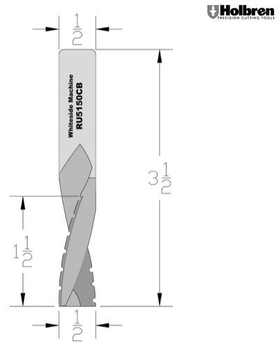 Whiteside RU5150CB Chipbreaker Upcut Spiral Router Bit Solid Carbide 1/2" Cutting Diameter 1-1/2" Cut Length 1/2" Shank 2 Flute