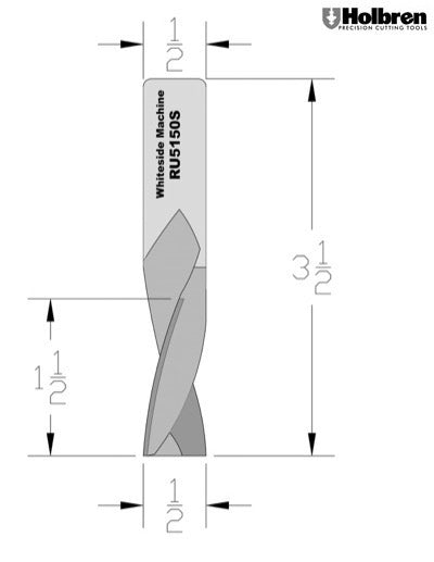 Whiteside RU5150S Slow Upcut Spiral Router Bit Solid Carbide 1/2" Cutting Diameter 1-1/2" Cut Length 1/2" Shank 3 Flute