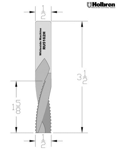 Whiteside RU5162H Roughing Upcut Spiral Router Bit Solid Carbide 1/2" Cutting Diameter 1-5/8" "Cut Length 1/2" Shank 3 Flute