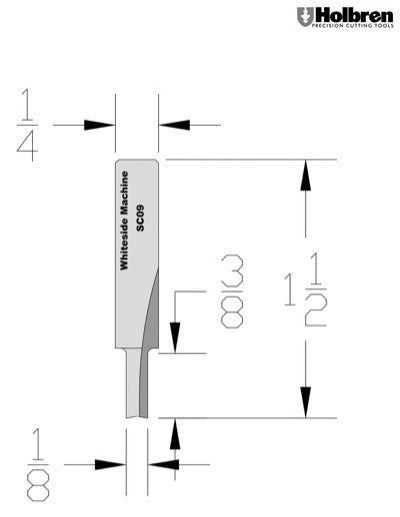 Whiteside SC09 Straight Router Bit Solid Carbide 1/8" Cutting Diameter 3/8" Cut Length 1/4" Shank 2 Flute