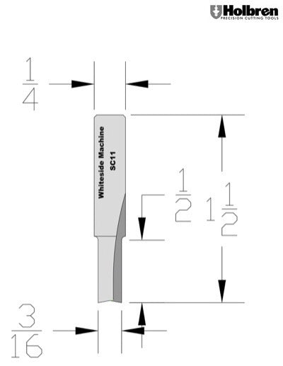 Whiteside SC11 Straight Router Bit Solid Carbide 3/16" Cutting Diameter 1/2" Cut Length 1/4" Shank 2 Flute