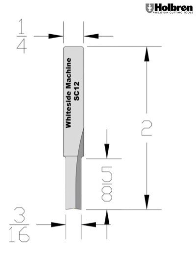 Whiteside SC12 Straight Router Bit Solid Carbide 3/16" Cutting Diameter 5/8" Cut Length 1/4" Shank 2 Flute