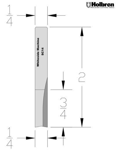 Whiteside SC14 Straight Router Bit Solid Carbide 1/4" Cutting Diameter 3/4" Cut Length 1/4" Cutting Diameter 2 Flute