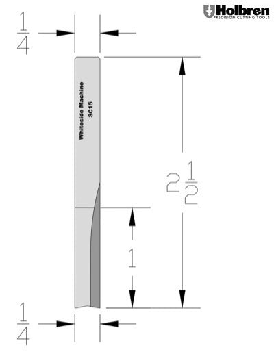 Whiteside SC15 Straight Router Bit Solid Carbide 1/4" Cutting Diameter 1" Cut Length 1/4" Shank 2 Flute
