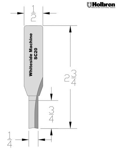 Whiteside SC20 Straight Router Bit Solid Carbide 1/4" Cutting Diameter 3/4" Cut Length 1/2" Shank 2 Flute