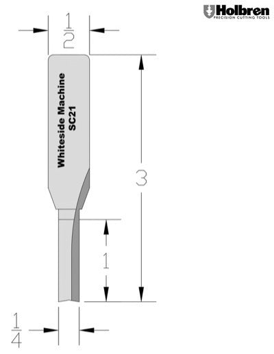 Whiteside SC21 Straight Router Bit Solid Carbide 1/4" Cutting Diameter 1" Cut Length 1/2" Shank 2 Flute
