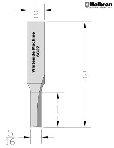 Whiteside SC22 Straight Router Bit Solid Carbide 5/16" Cutting Diameter 1" Cut Length 1/2" Shank 2 Flute
