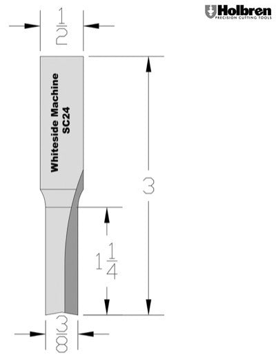 Whiteside SC24 Straight Router Bit Solid Carbide 3/8" Cutting Diameter 1-1/4" Cut Length 1/2" Shank 2 Flute