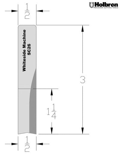 Whiteside SC26 Straight Router Bit Solid Carbide 1/2" Cutting Diameter 1-1/4" Cut Length 1/2" Shank 2 Flute