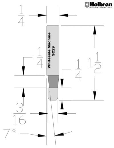 Whiteside SC29 7 Degree Bevel Trim Router Bit Solid Carbide 1/4" Cut Length 1/4" Shank 1 Flute