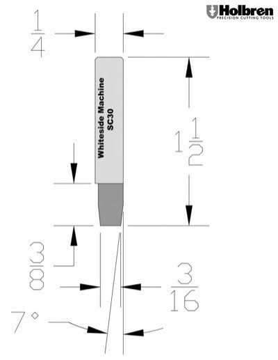 Whiteside SC30 Flute & 7 Degree Bevel Trim Router Bit w/o Pilot Double End Solid Carbide 3/8" Cut Length 1/4" Shank 1 Flute