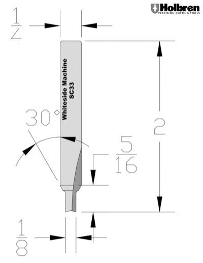 Whiteside SC33 Flat Bottom Veining Router Bit Solid Carbide 1/8" Cutting Diameter 1/4" Cut Length 1/4" Shank 2 Flute