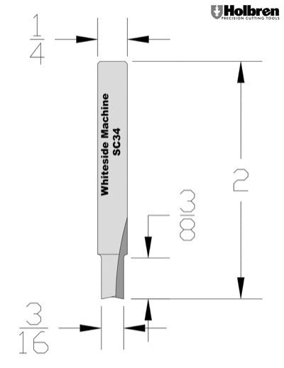 Whiteside SC34 Flat Bottom Veining Router Bit Solid Carbide 3/16" Cutting Diameter 3/8" Cut Length 1/4" Shank 2 Flute