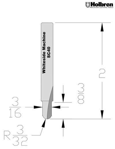 Whiteside SC40 Round Bottom Veining Router Bit Solid Carbide 3/32" Radius 3/16" Cutting Diameter 3/8" Cut Length 1/4" Shank 2 Flute