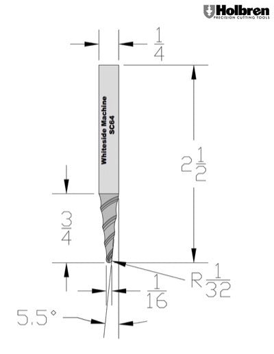 Whiteside SC64 1/32" Radius 4-Flute Conical Ball Nose Solid Carbide Spiral Router Bit 1/4" Shank