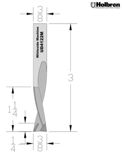 Whiteside UD4122M Up/Down Compression Bit Solid Carbide 2+2 3/8" Cutting Diameter 1-1/4" Cut Length 3/8" Shank 2 Flute 1/4" w/mortising tip