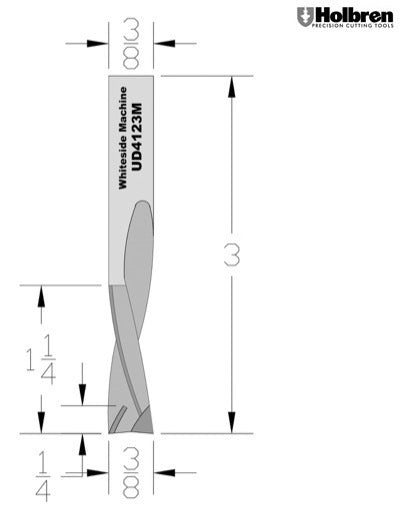 Whiteside UD4123M Up/Down Compression Bit Solid Carbide 3+3 3/8" Cutting Diameter 1-1/4" Cut Length 3/8" Shank 3 Flute 1/4" w/mortising tip