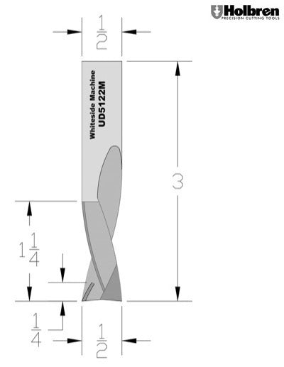 Whiteside UD5122M Up/Down Compression Bit Solid Carbide 2+2 1/2" Cutting Diameter 1-1/4" Cut Length 1/2" Shank 2 Flute 1/4" w/mortising tip