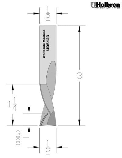 Whiteside UD5123 Up/Down Compression Bit Solid Carbide 3+3 1/2" Cutting Diameter 1-1/4" Cut Length 1/2" Shank 3 Flute