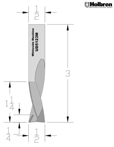 Whiteside UD5123M Up/Down Compression Bit Solid Carbide 3+3 1/2" Cutting Diameter 1-1/4" Cut Length 1/2" Shank 3 Flute 1/4" w/mortising tip