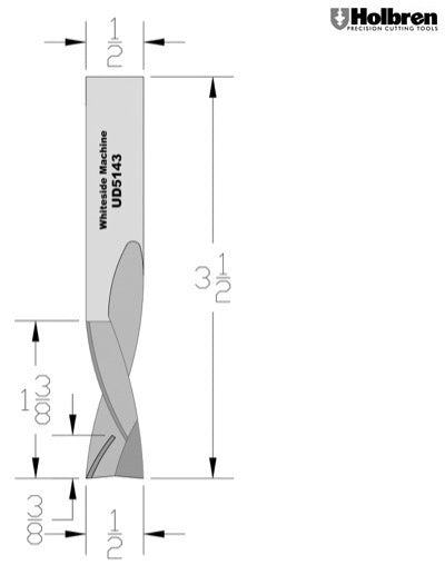 Whiteside UD5143 Up/Down Compression Bit Solid Carbide 3+3 1/2" Cutting Diameter 1-3/8" Cut Length 1/2" Shank 3 Flute