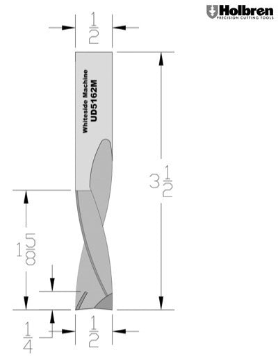 Whiteside UD5162M Up/Down Compression Bit Solid Carbide 2+2 1/2" Cutting Diameter 1-5/8" Cut Length 1/2" Shank 2 Flute 1/4" w/mortising tip