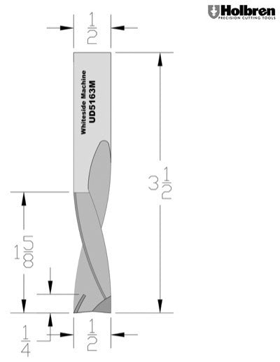 Whiteside UD5163M Up/Down Compression Bit Solid Carbide 3+3 1/2" Cutting Diameter 1-5/8" Cut Length 1/2" Shank 3 Flute 1/4" w/mortising tip
