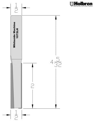 Whiteside 1072LH Left Hand Straight Router Bit 1/2" Cutting Diameter 2" Cut Length 1/2" Shank 2 Flute