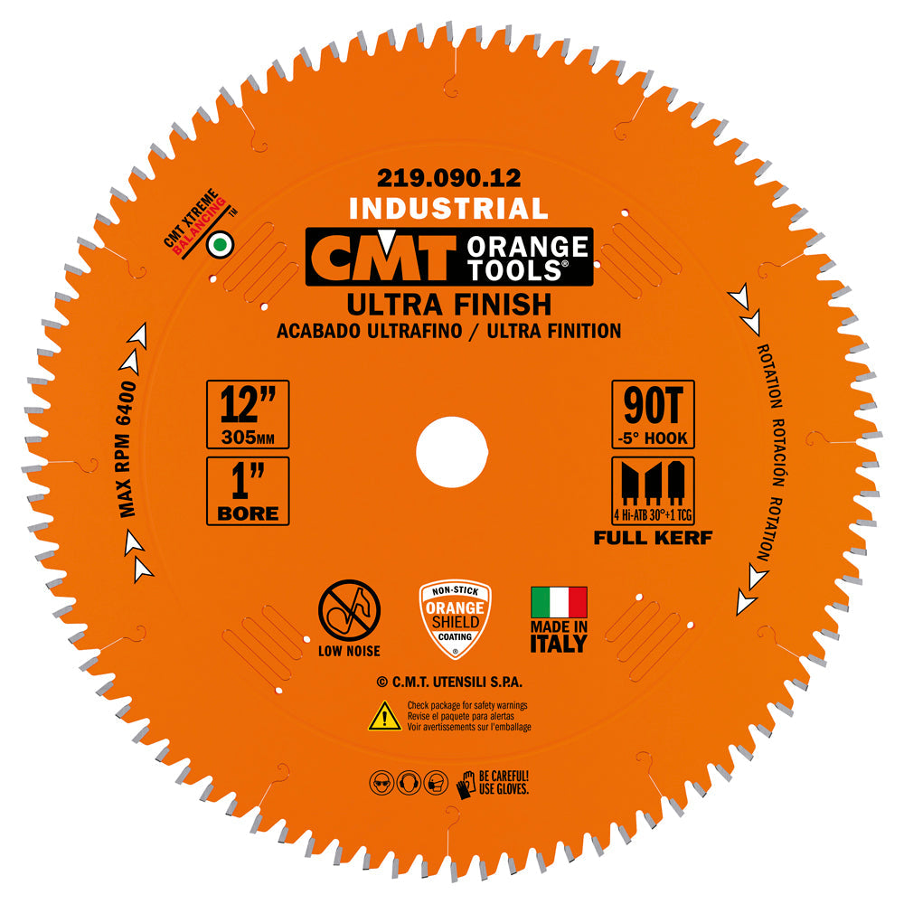 CMT Ultra Fine Finish Sliding Miter Saw Blade 12" ATB+R 90T 5/8" Arbor